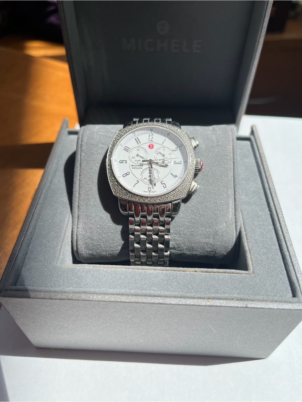 Michele Silver Stainless Steel Chronograph Watch with White Dial
